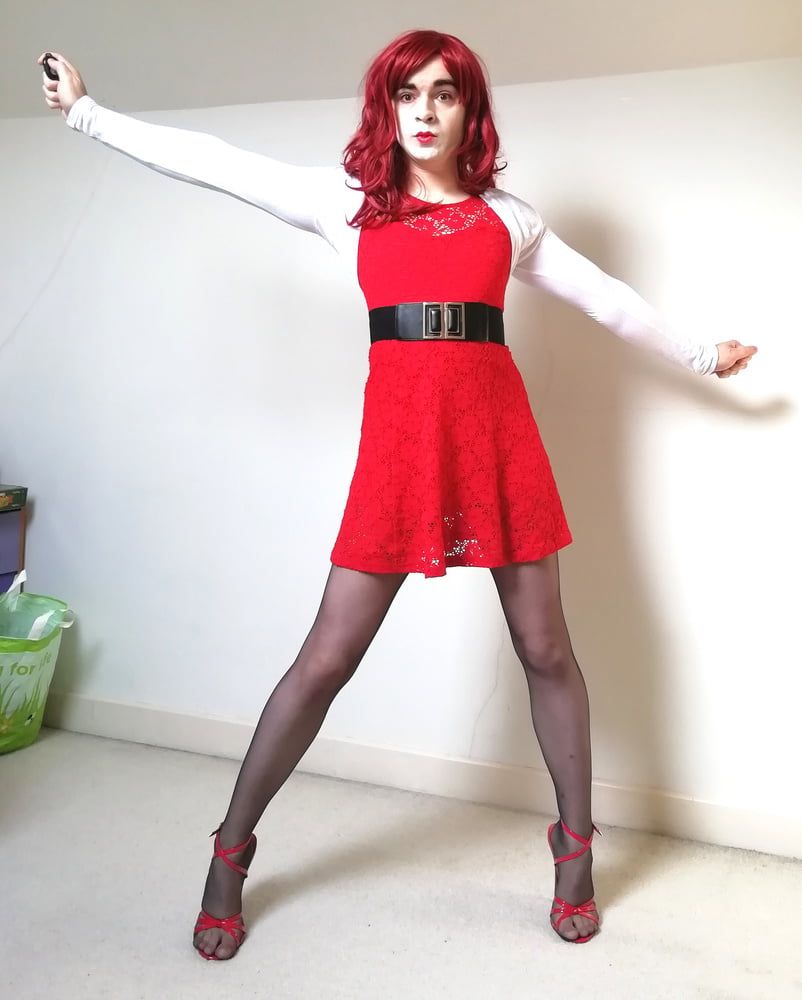 Marie crossdresser in red dress and super sheer pantyhose #9