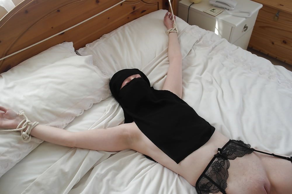 Niqab girl in Stockings Tied spread Eagle #9