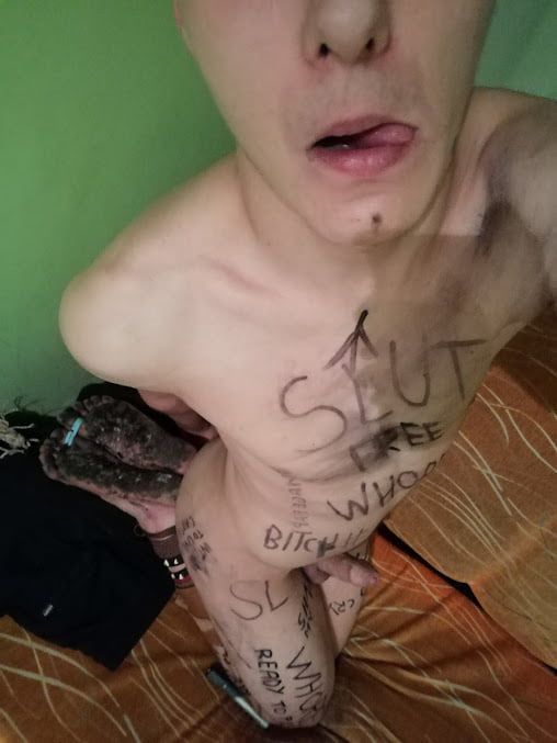 Slave body writing in dirty basement. Humiliation comment