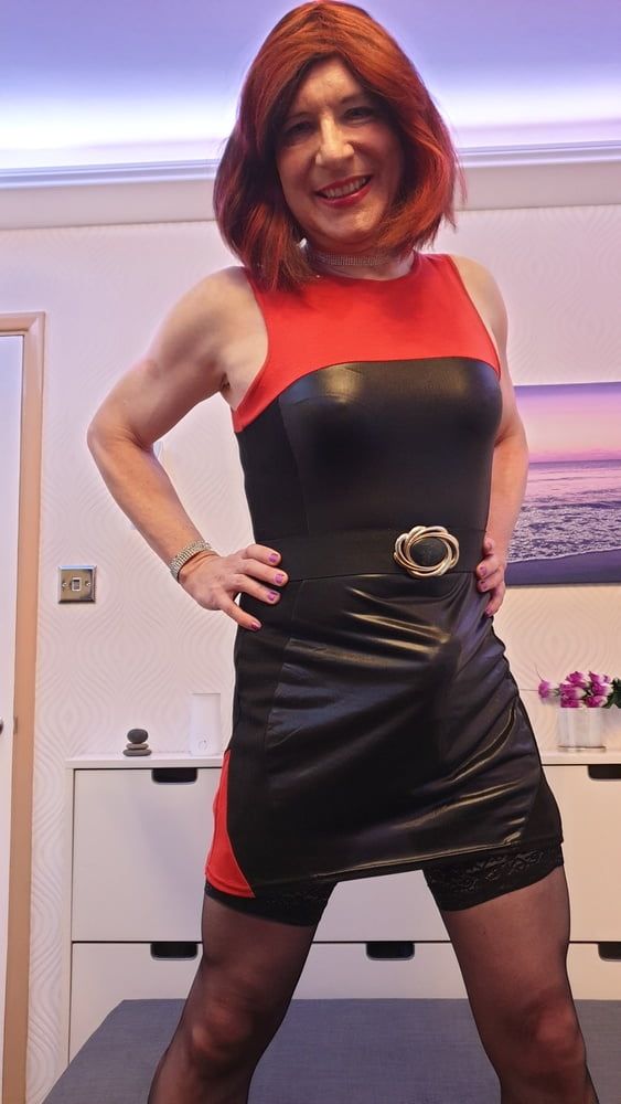 TGirl Lucy posing and playing in black and red bodycon dress #43
