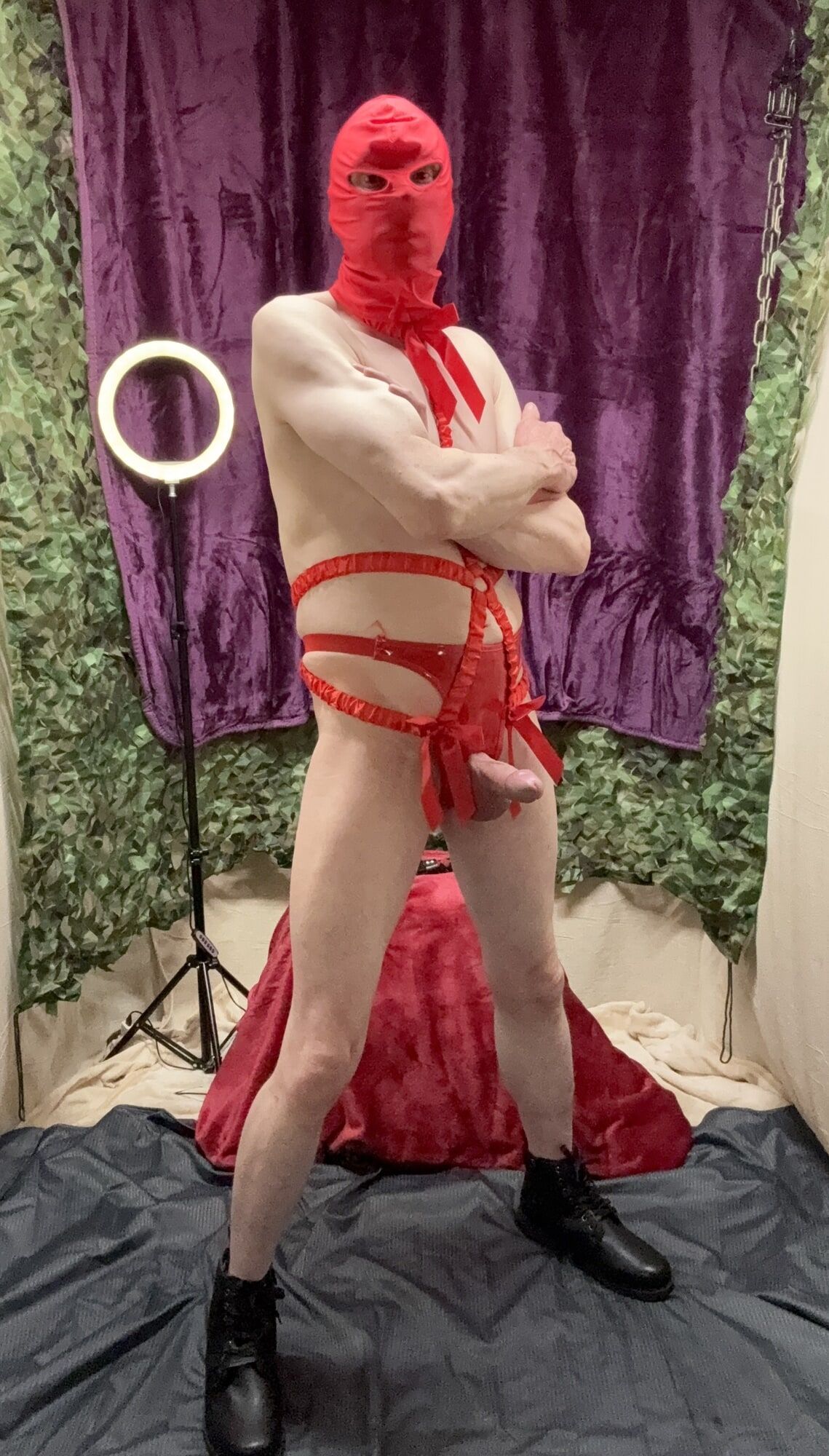 Sexy Cock Show With Red Body Harness  #3