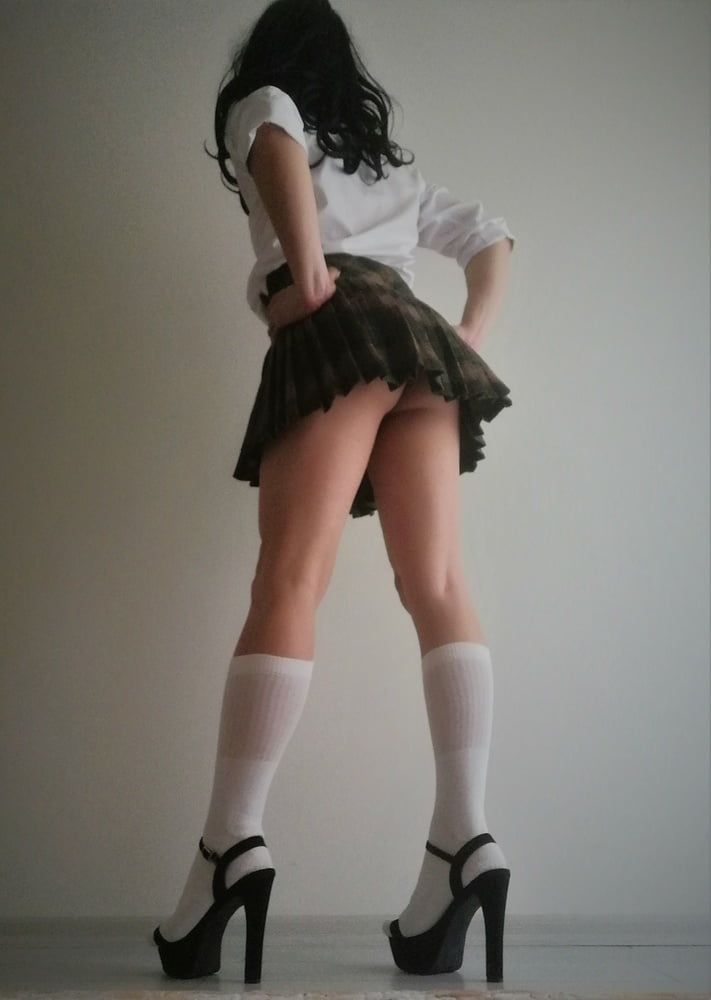 Sissy School Girl, Black High Heels & Skirt