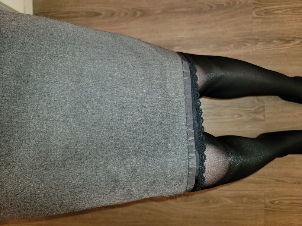 Grey Pencil Skirt with black silky half slip #7