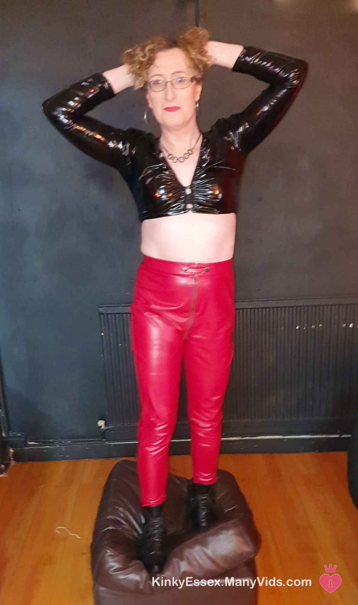 Black and Red Shiny PVC Fetish With Black Heel Ankle Boots #9