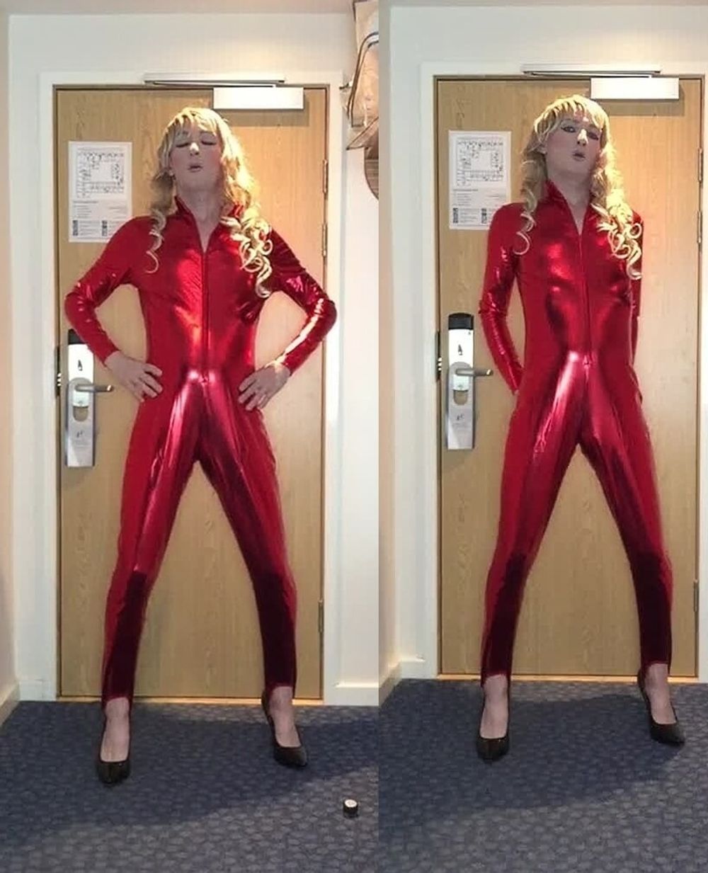 Sissy red shiny catsuit #11