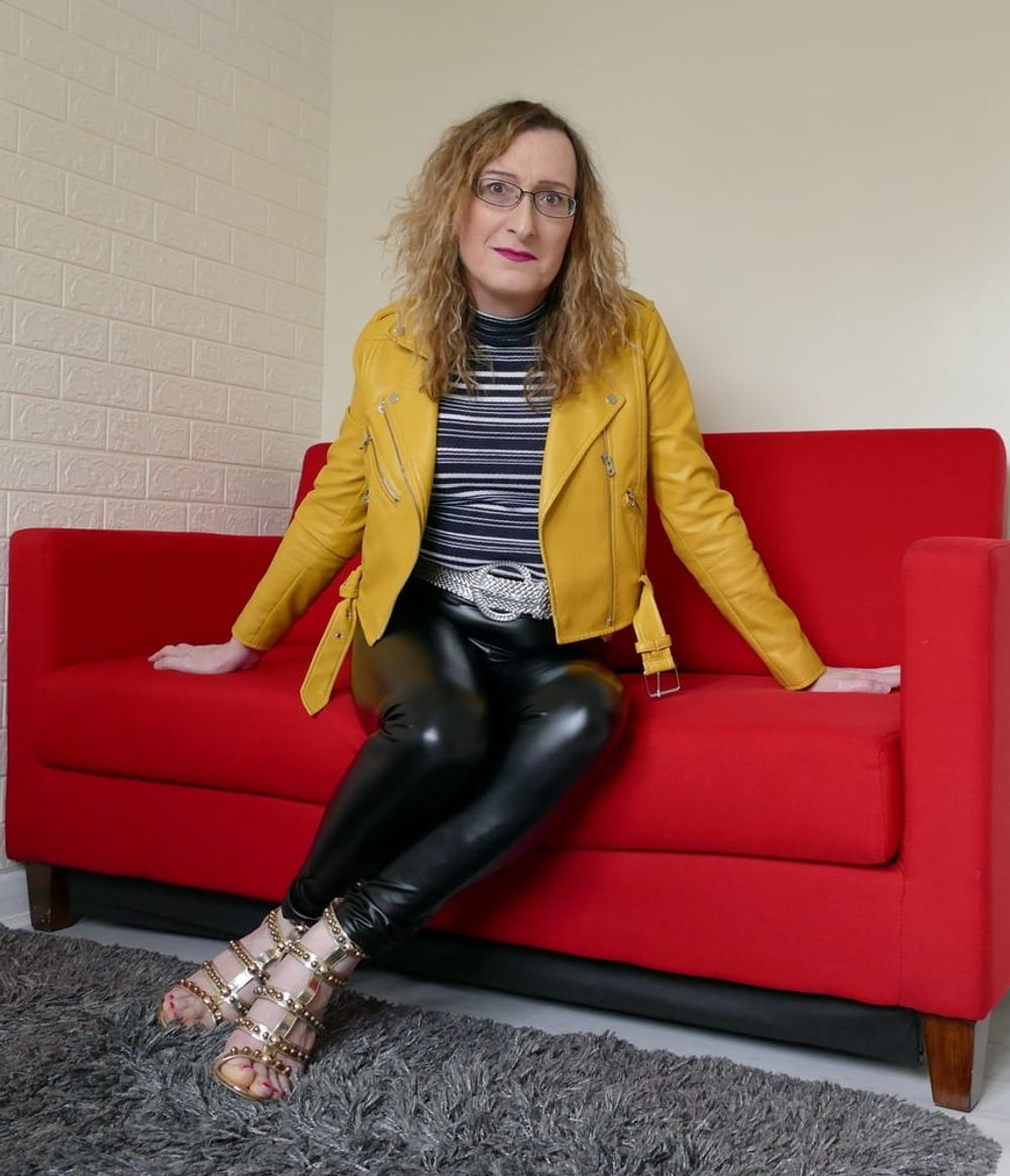 Black Shiny Wetlook Leggings with Yellow Leather Jacket.  #4