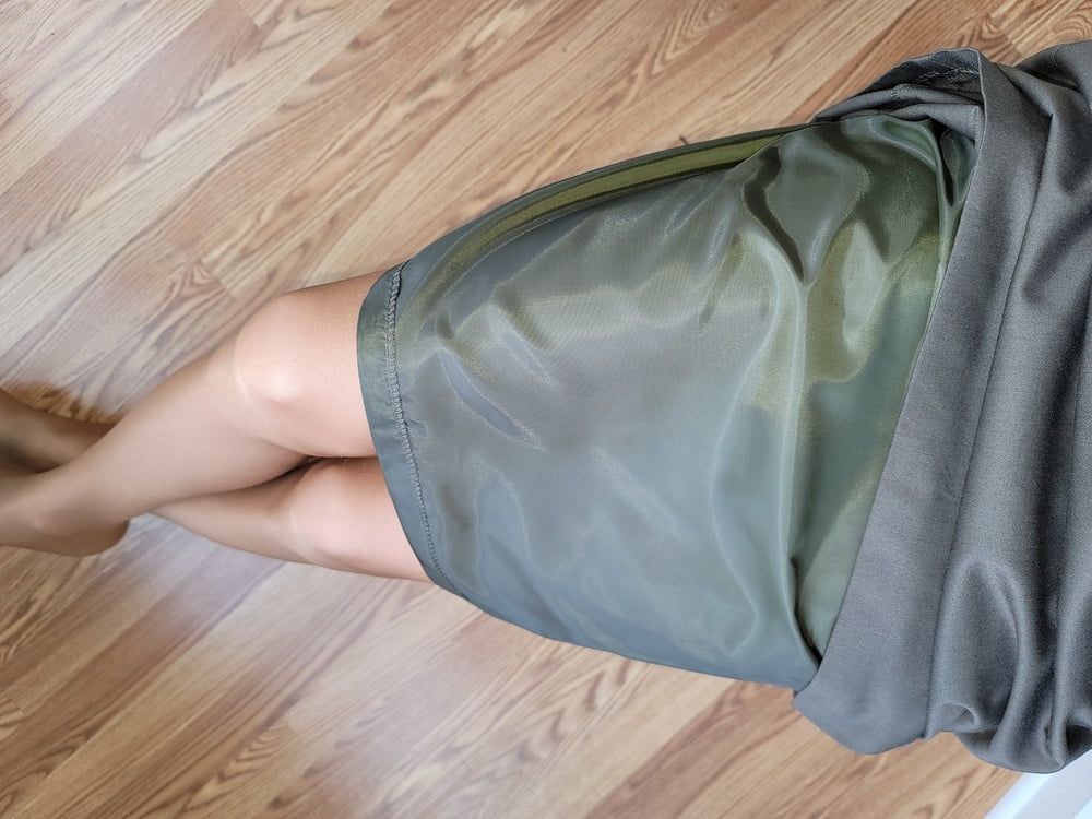 Lined green office pencil skirt with glossy pantyhose  #17