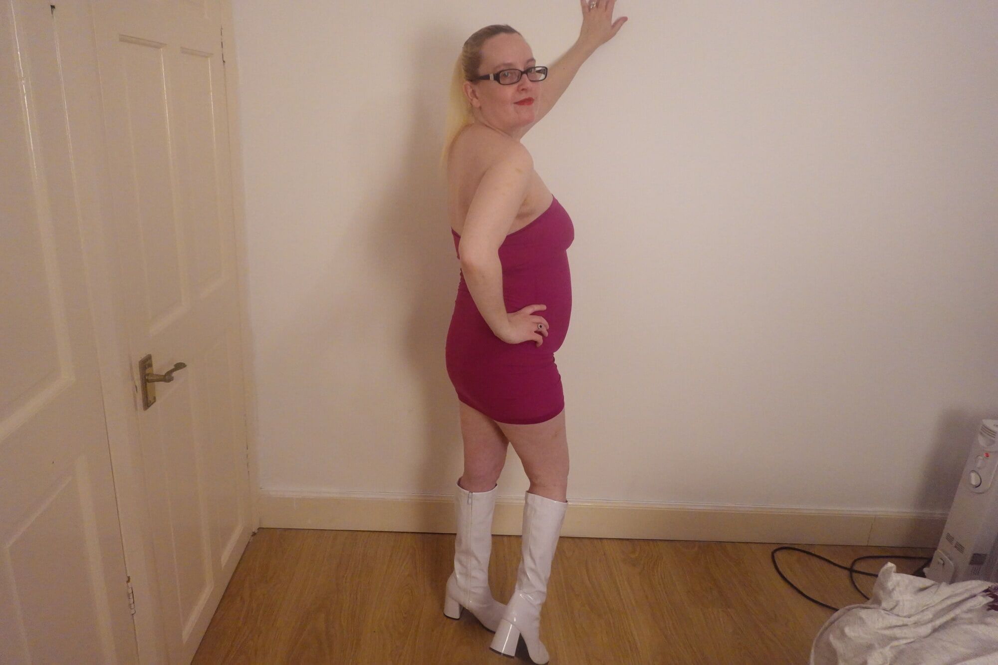 Date night pink dress and White PVC Knee Boots #9