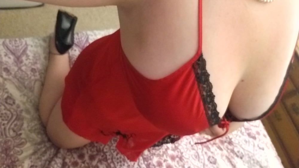 Naughty housewife tease black heels and red lingerie. Milf #32