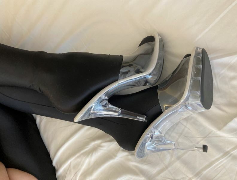 Spandex Pantyhose and Clear High Heel Mules #11
