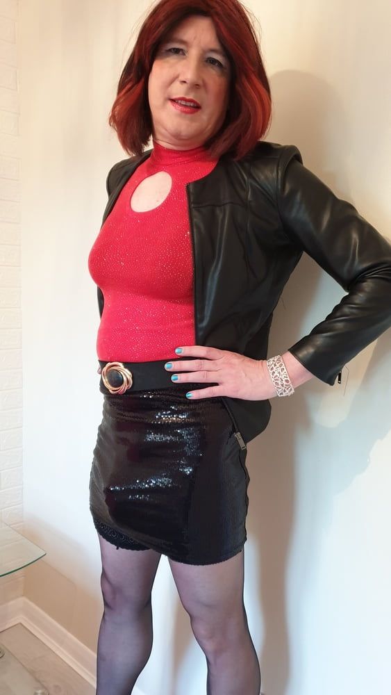Leather jacket and pink sissy chastity for TGirl Lucy #39