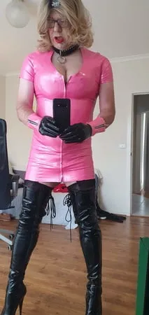 rachel in pretty pink latex black thigh boots         