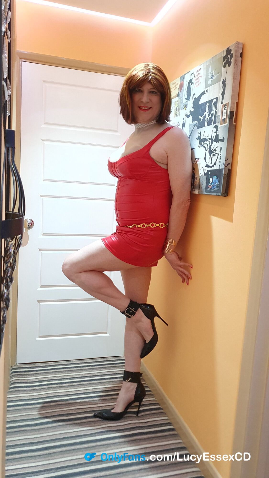 Sexy Sissy Lucy Essex CD showing off in red wet look dress #10