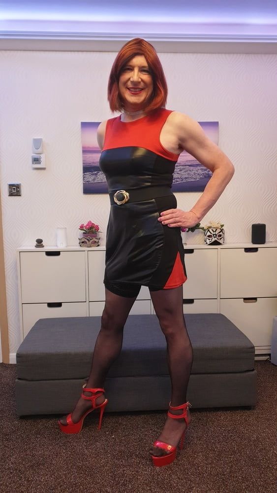 TGirl Lucy posing and playing in black and red bodycon dress #3