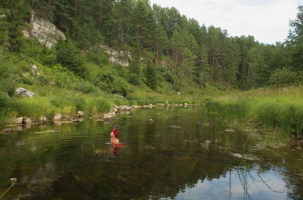 With Horns In Red Dress In Shallow River #32