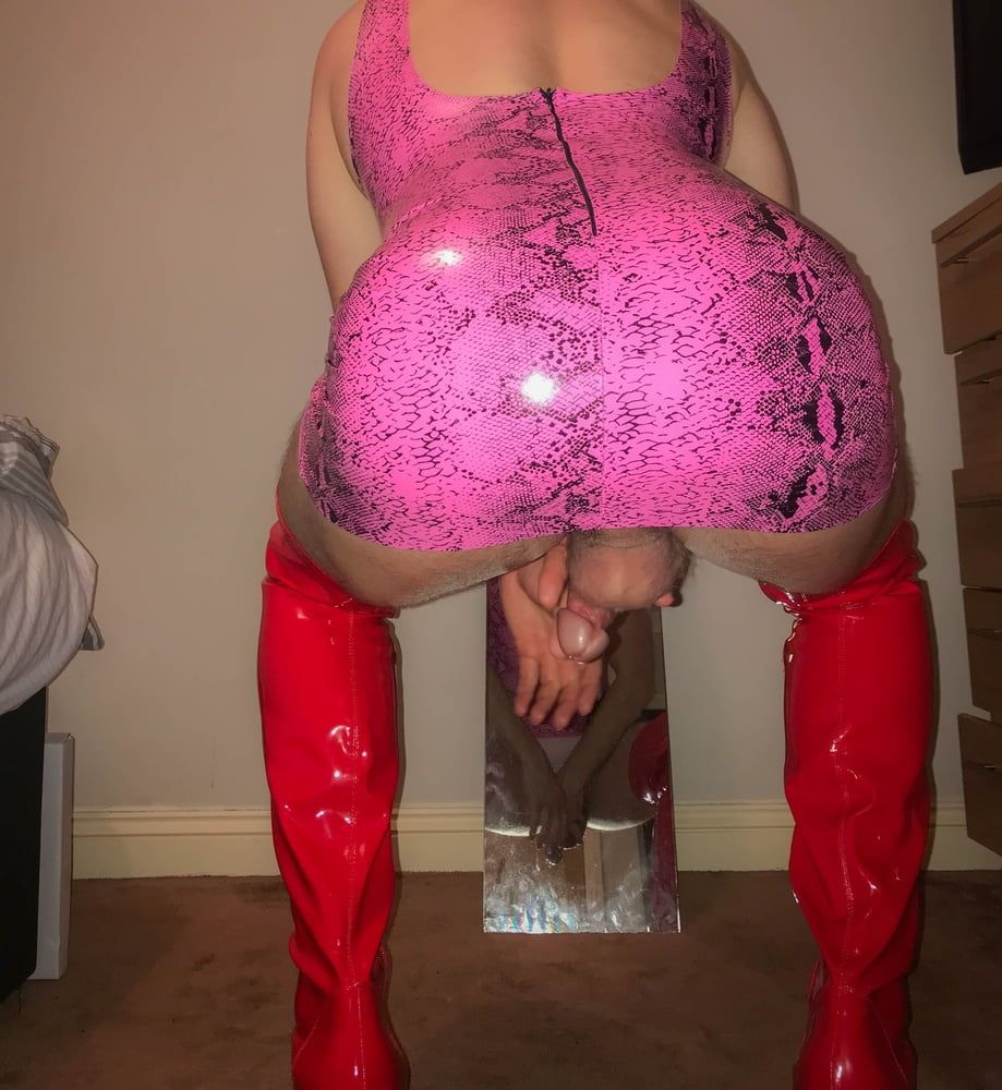 Pink vinyl PVC snakeskin dress with red Latex boots   #47