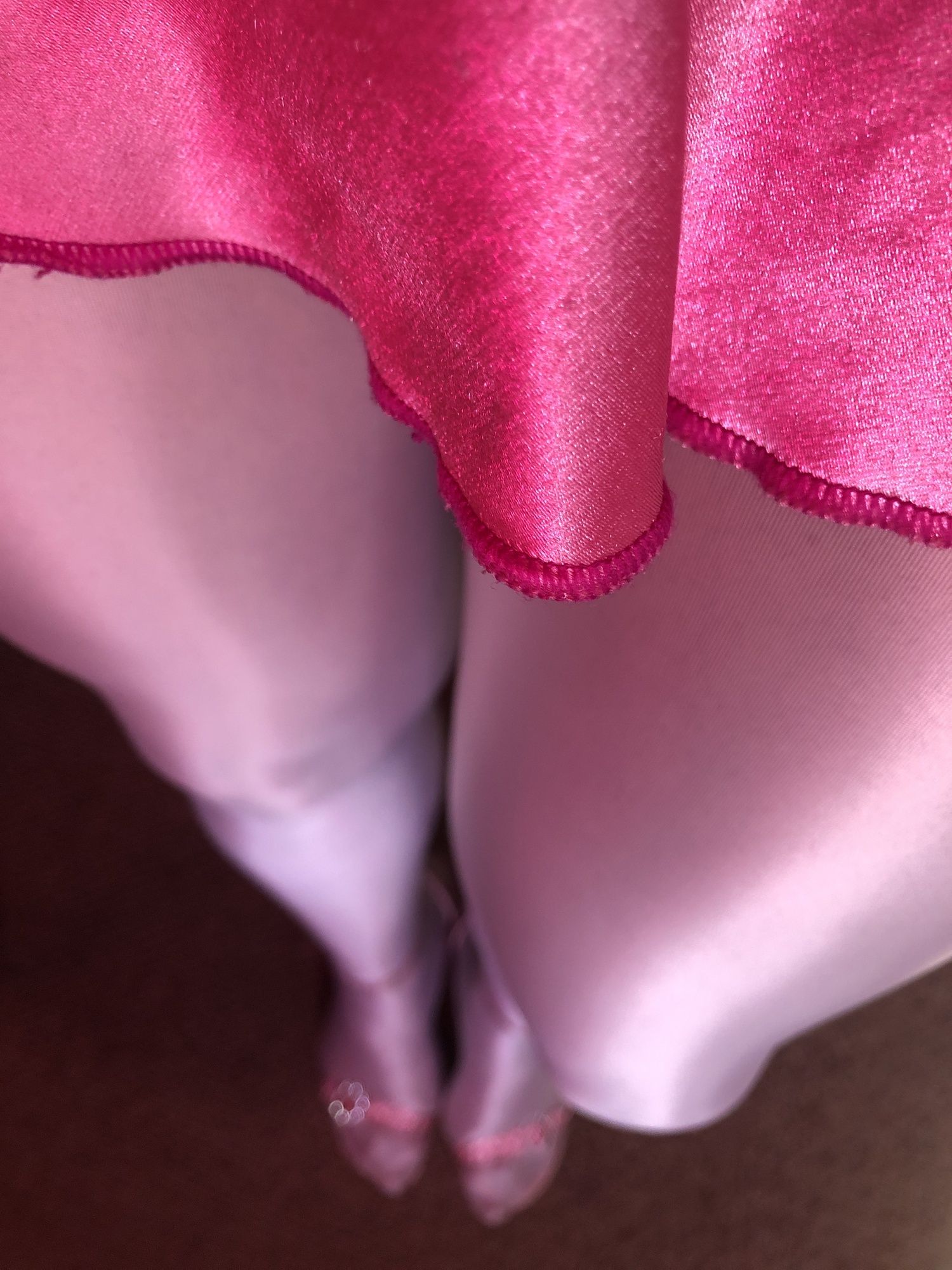 My long legs in white satin tights and sexy pink sandals #6