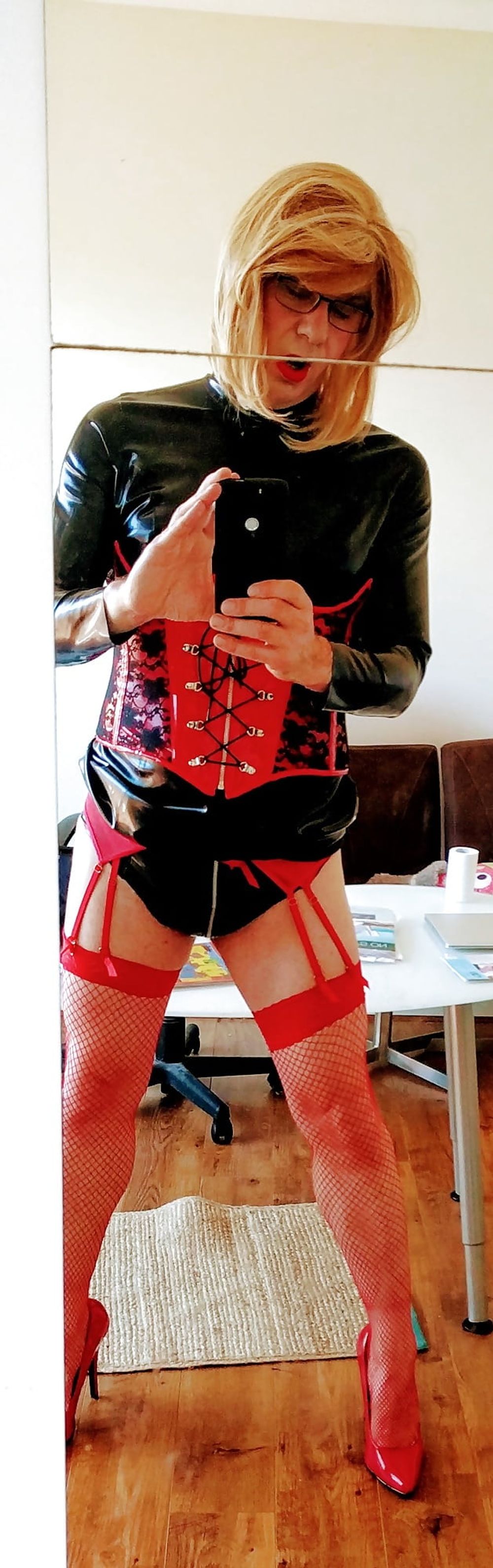 Red fishnets and hot corset combo #13