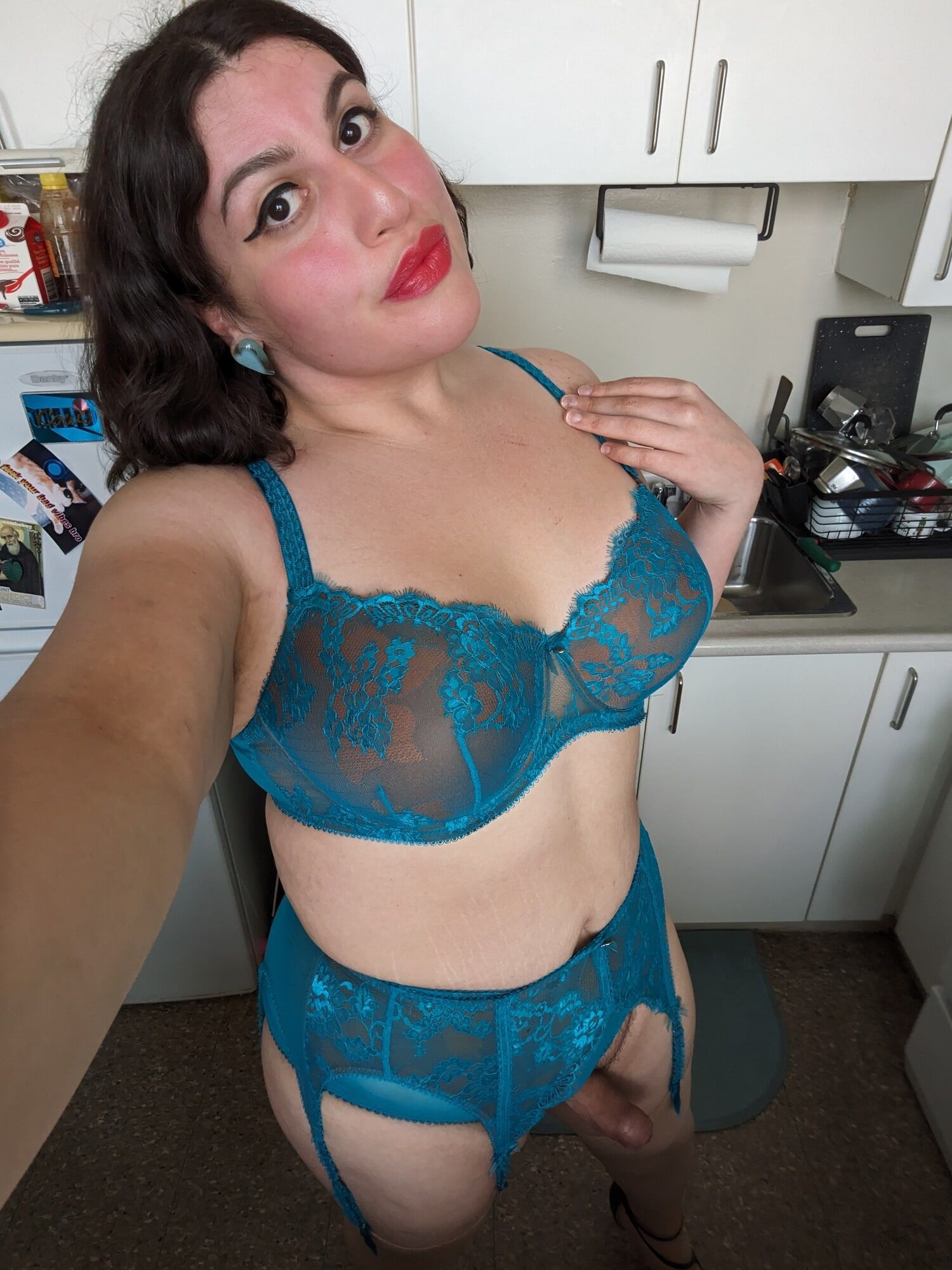 Busty Latina Tranny in Blue Vintage Lingerie  #24