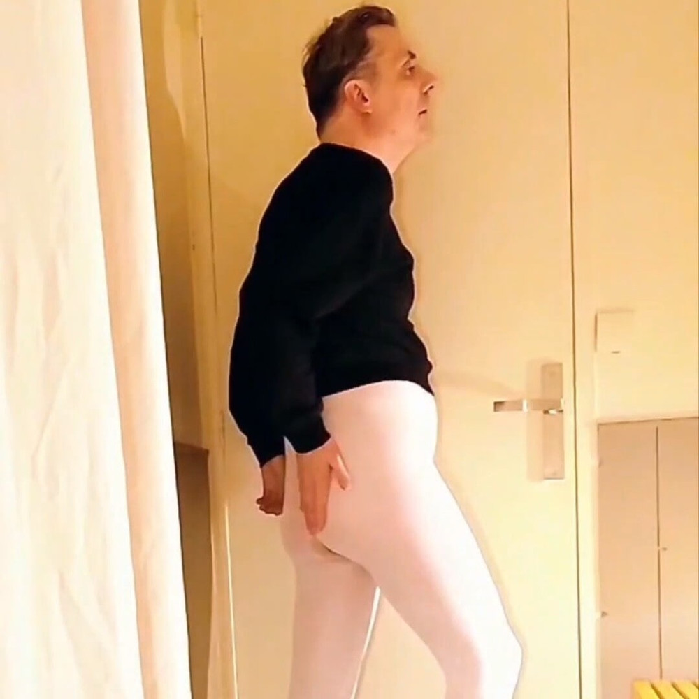 Cock stroking and anal play in white open pantyhose #13