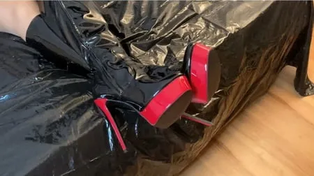 cum on black high heel patent boots         