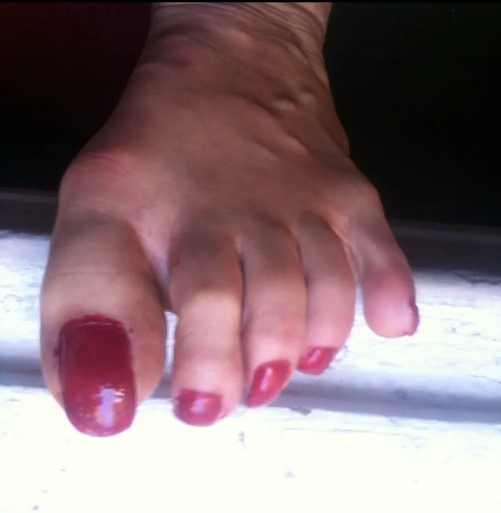 red toenails mix (older, dirty, toe ring, sandals mixed). #3