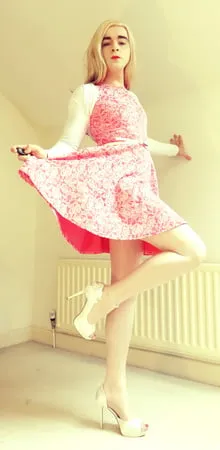 marie crossdresser white pantyhose and pink dress blonde         