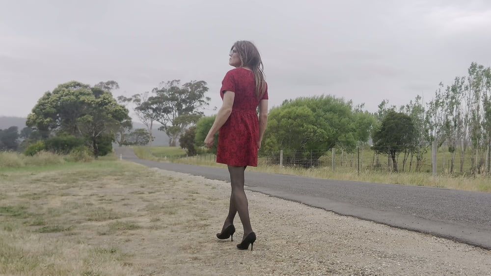 Crossdress road trip red dress #2