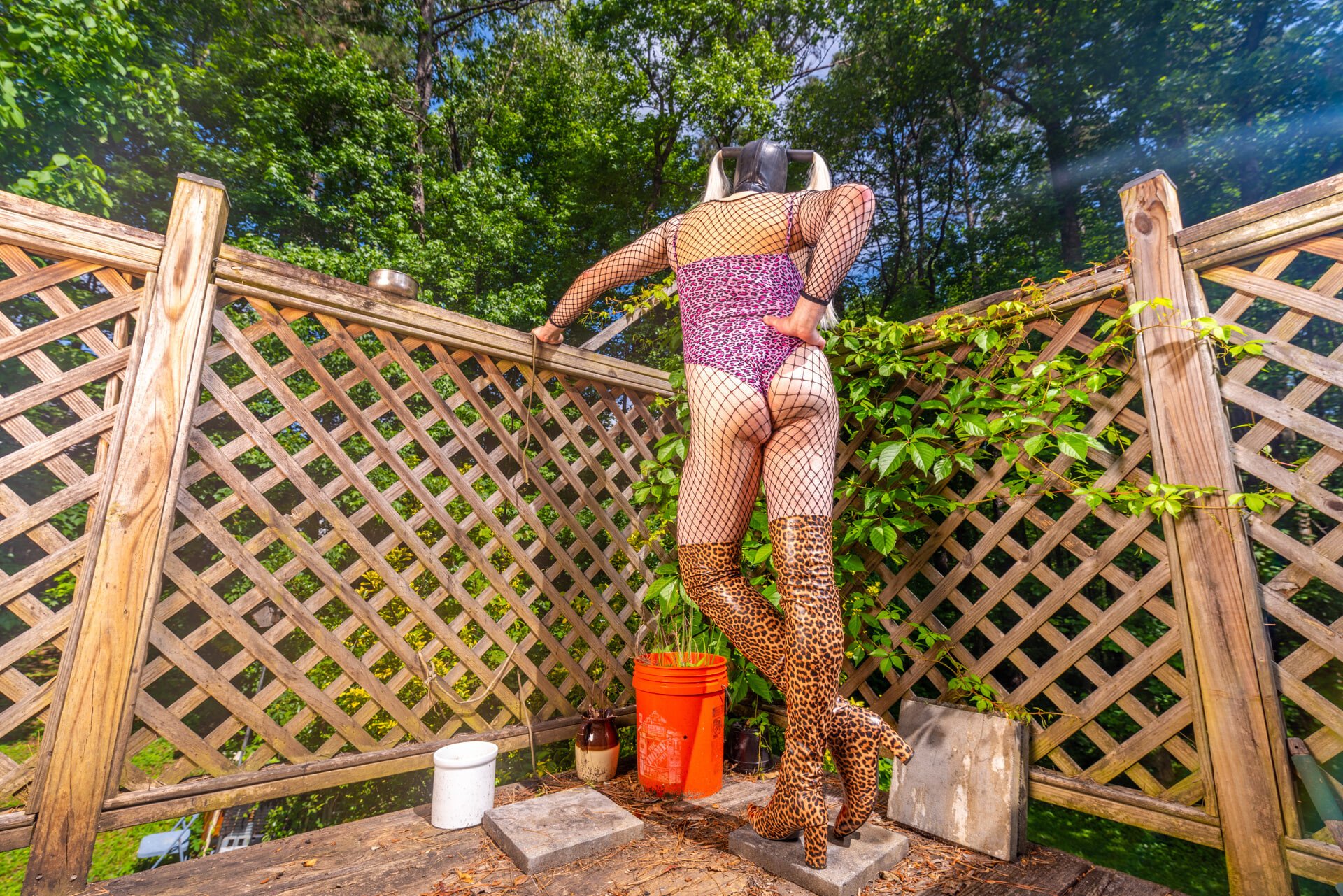 Gigantic fake tits Crossdresser in lingerie thigh high boots 