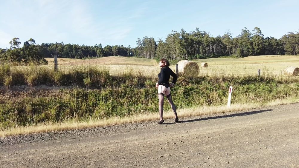 Crossdress Road trip- Rural road -Black Dress #22