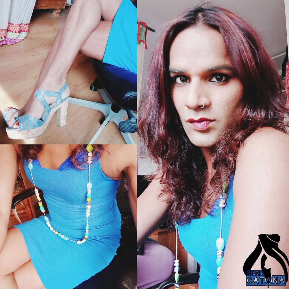 transgirl in blue dress show you her booty and big clit #4