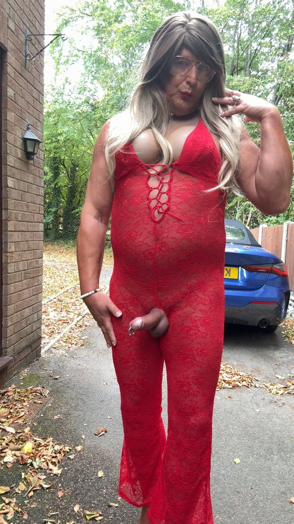 Sexy Crossdresser kellycd2022 in red lace jumpsuit and heels #54