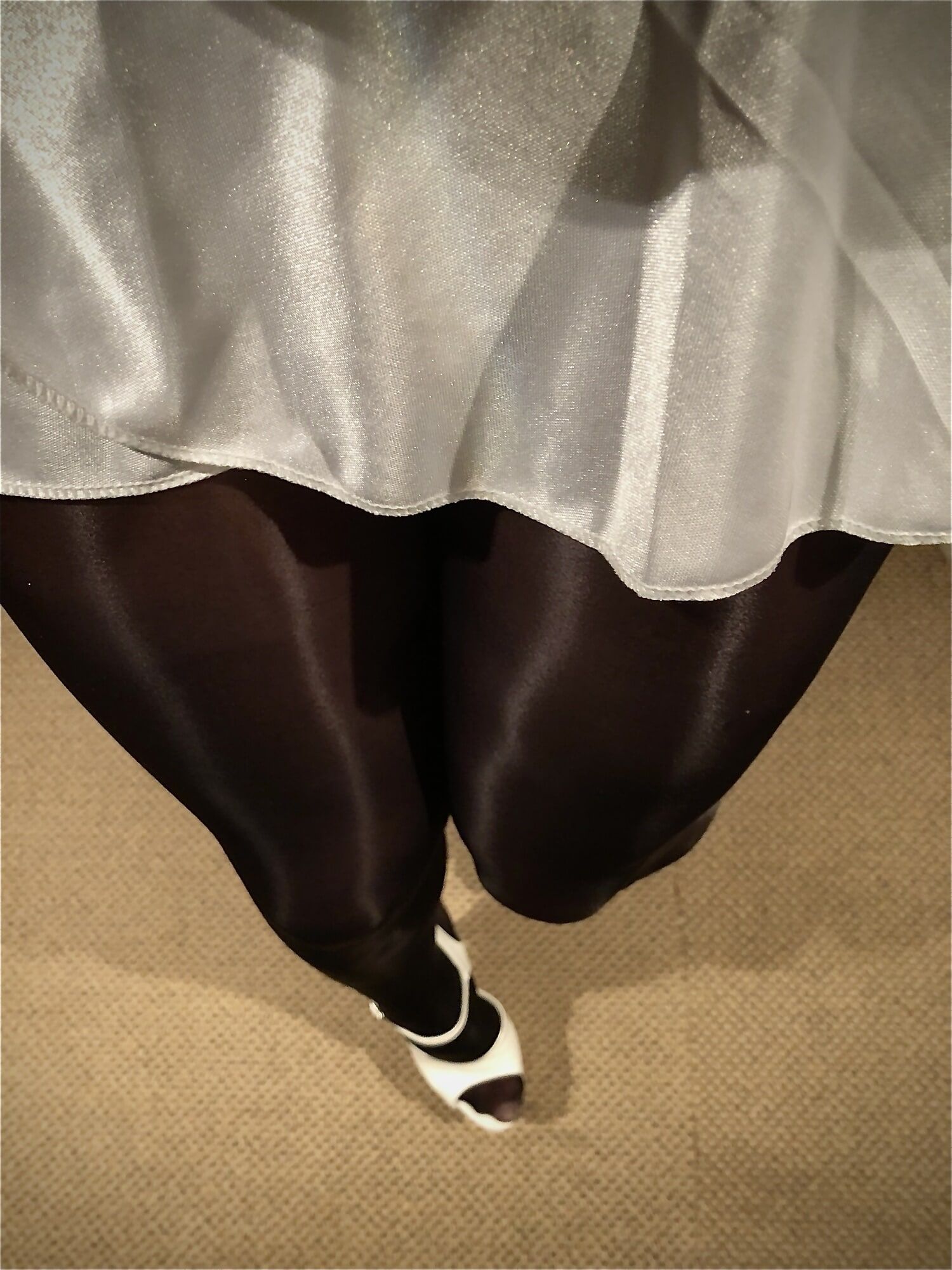 My shiny sheer glossy black pantyhose and white super heels