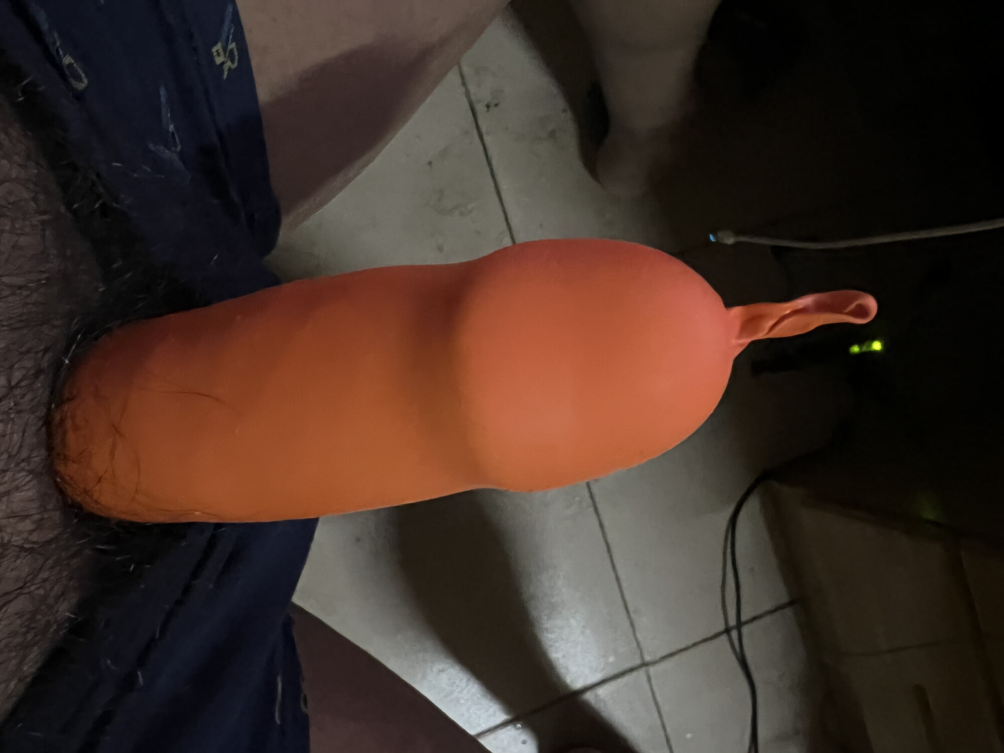 Cock wears a long, orange color balloon1