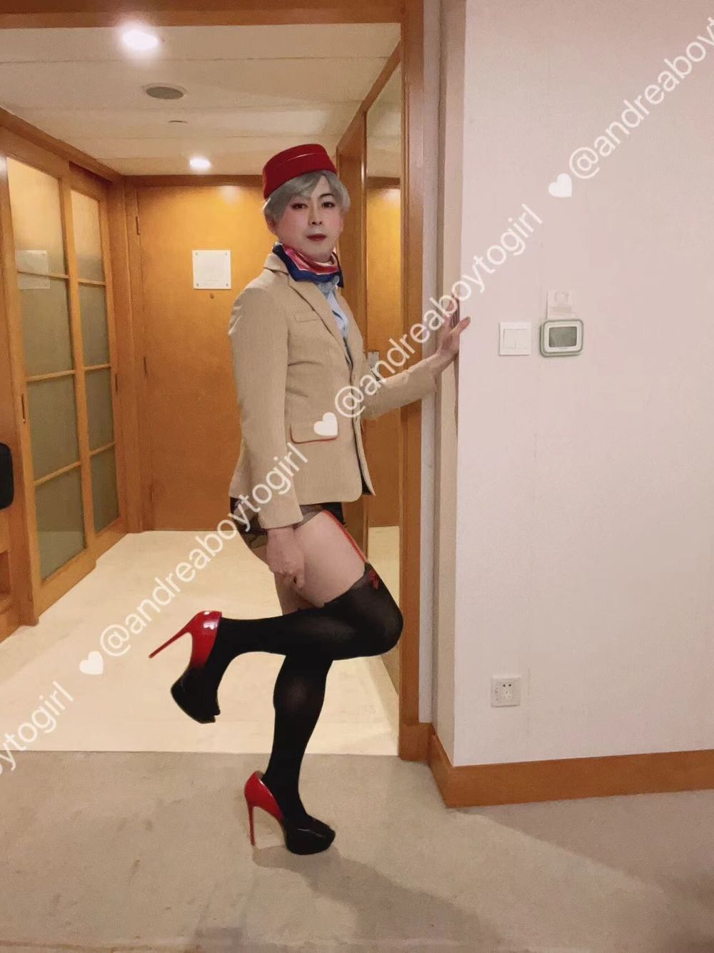 Asian femboy sissy in Emirates Cabin Crew dress(P4) #2