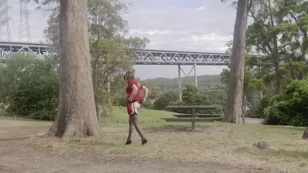 crossdess road trip red dress follow the river         