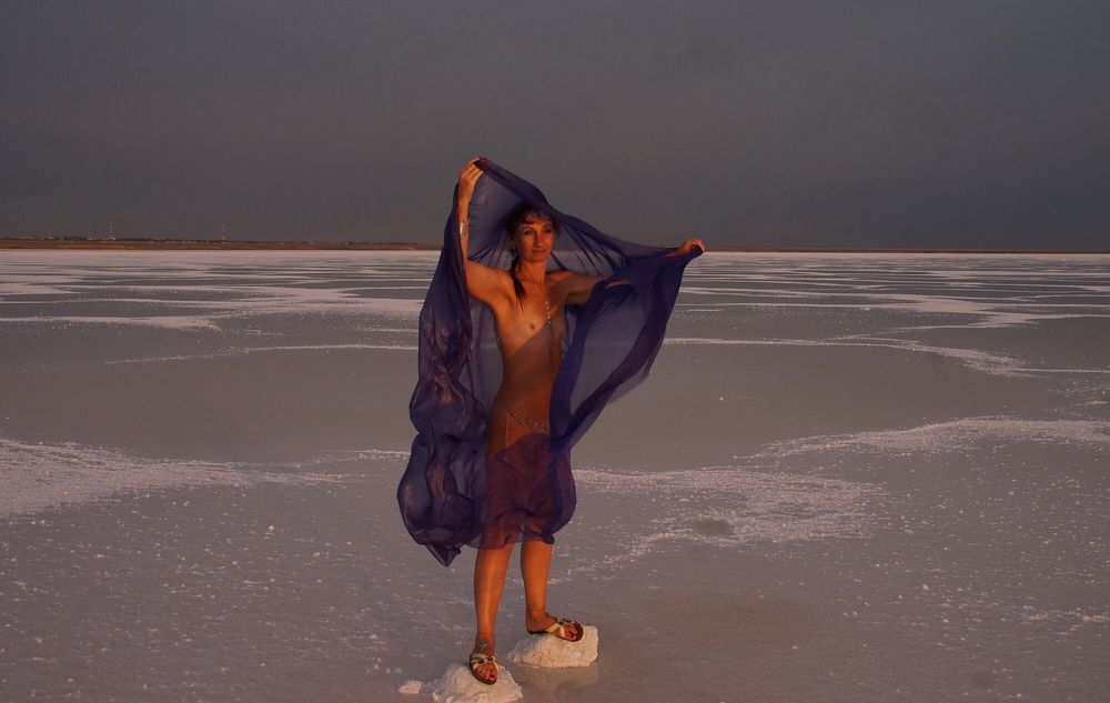 On Sunset-Light with DeepBlue Shawl on Salt- Lake #5