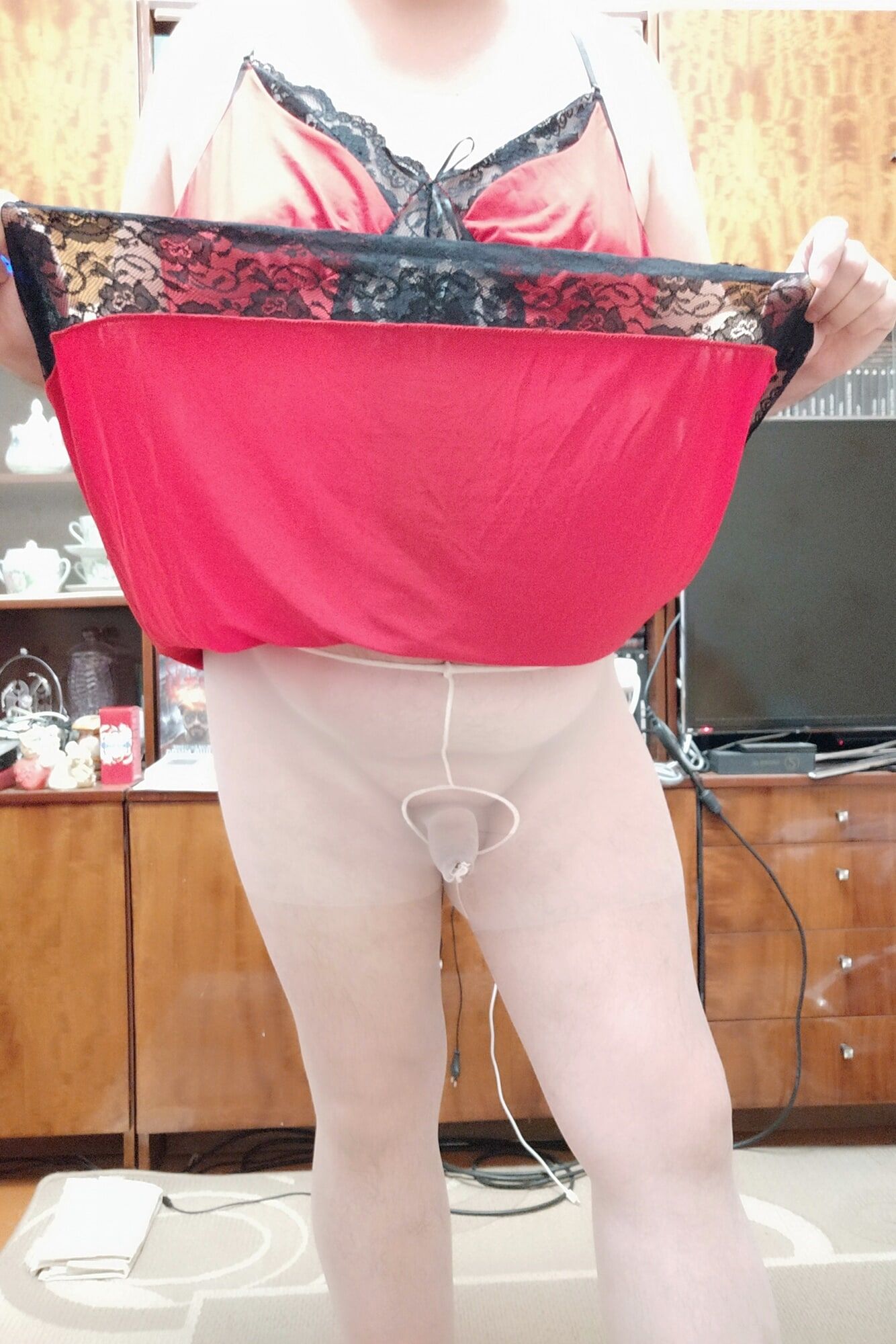 sissy Aleksa dressing red nighwear and white pantyhose #17