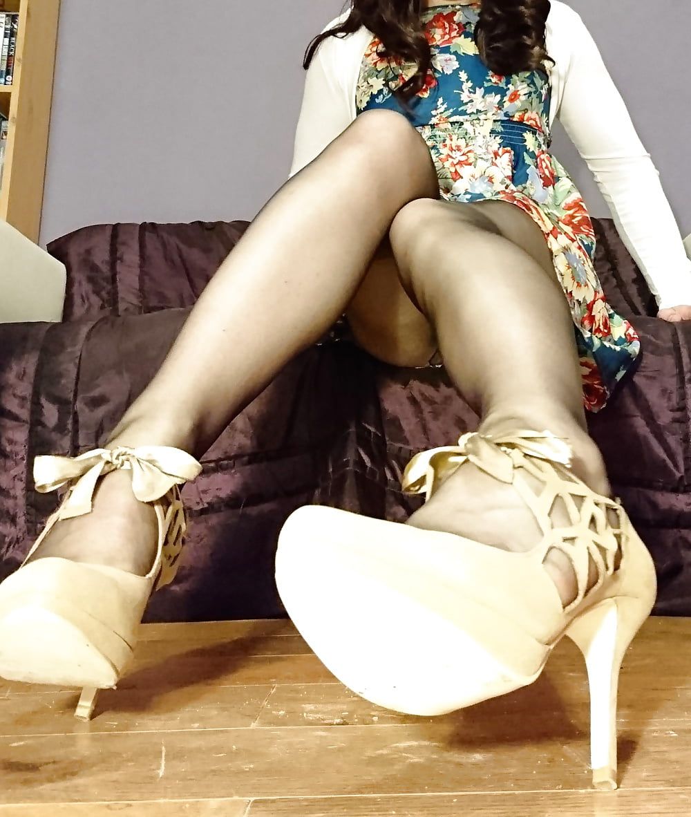 Marie crossdresser in sheer pantyhose and floral dress #11