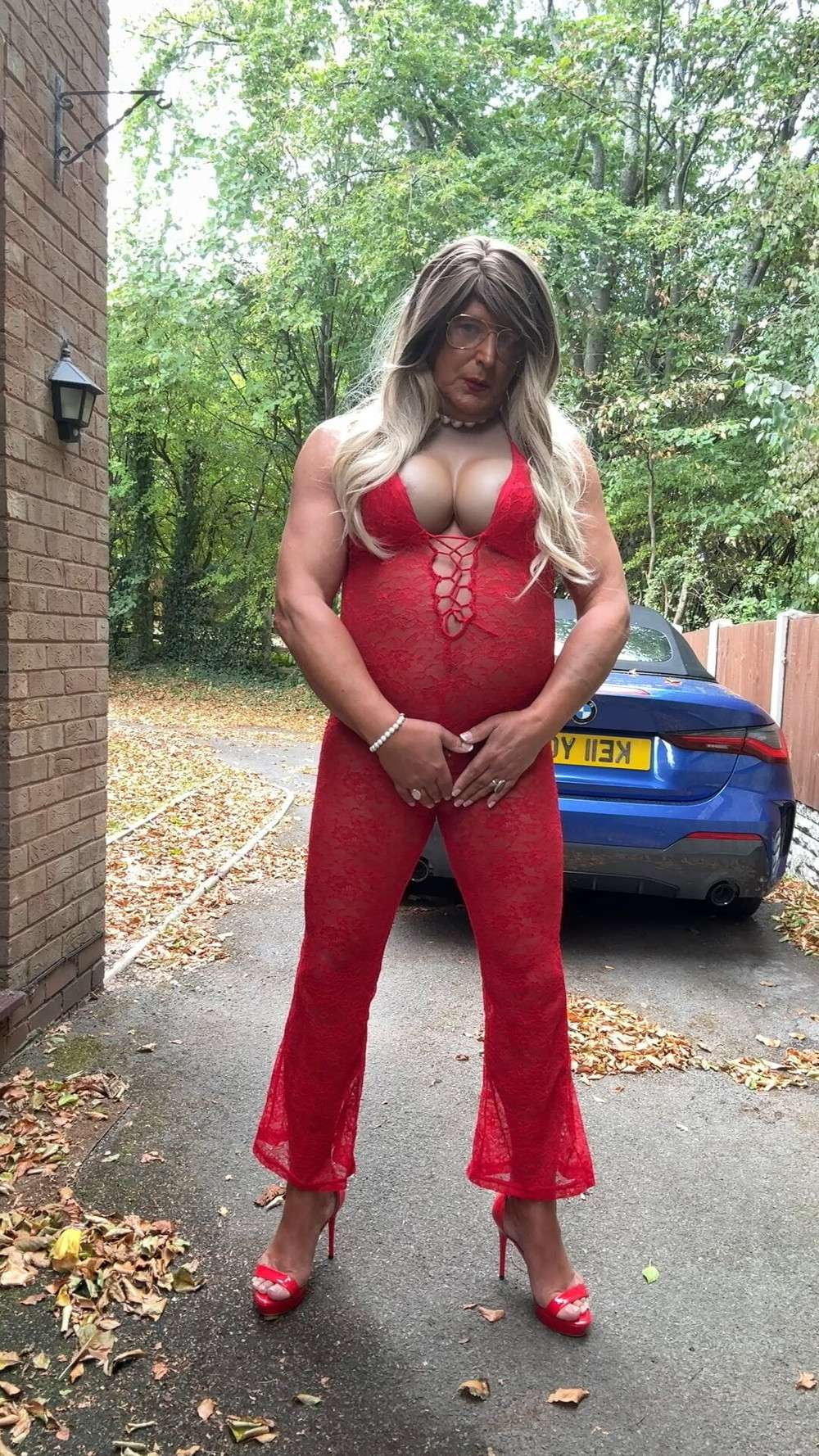 Sexy Crossdresser kellycd2022 in red lace jumpsuit and heels #12