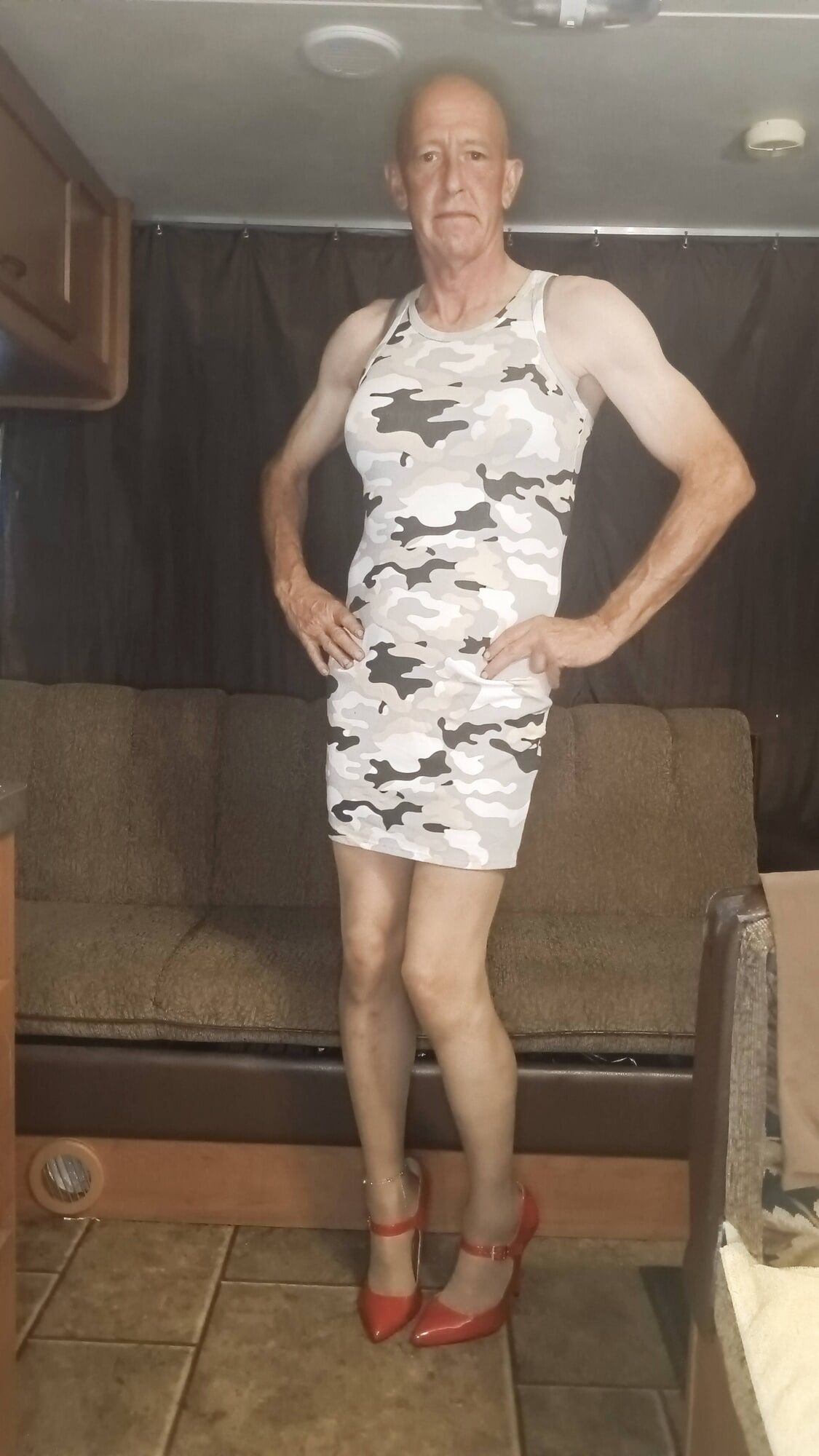 Faggot Andrew Brown in Camo Dress, Thigh Highs and Heels #7