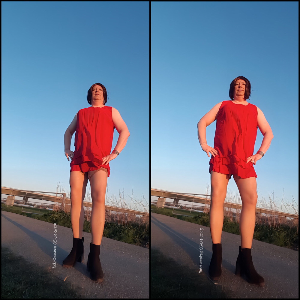 Nicki-Crossdress sexy red Chiffon-Dress Outdoor  #2