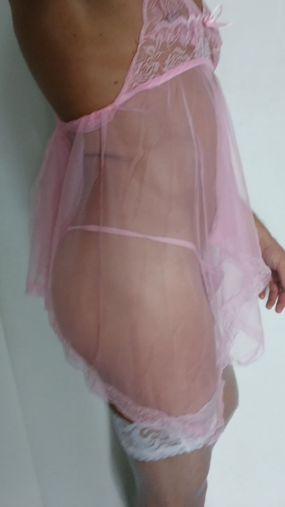 Transparent Pink nightie &amp;white stoking high heels  #13