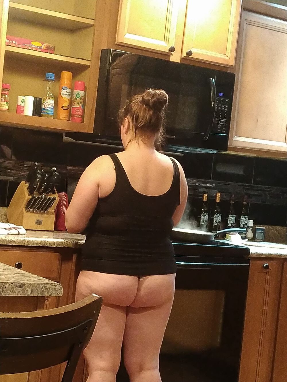 Sexy chubby wife cooking in thong  #16