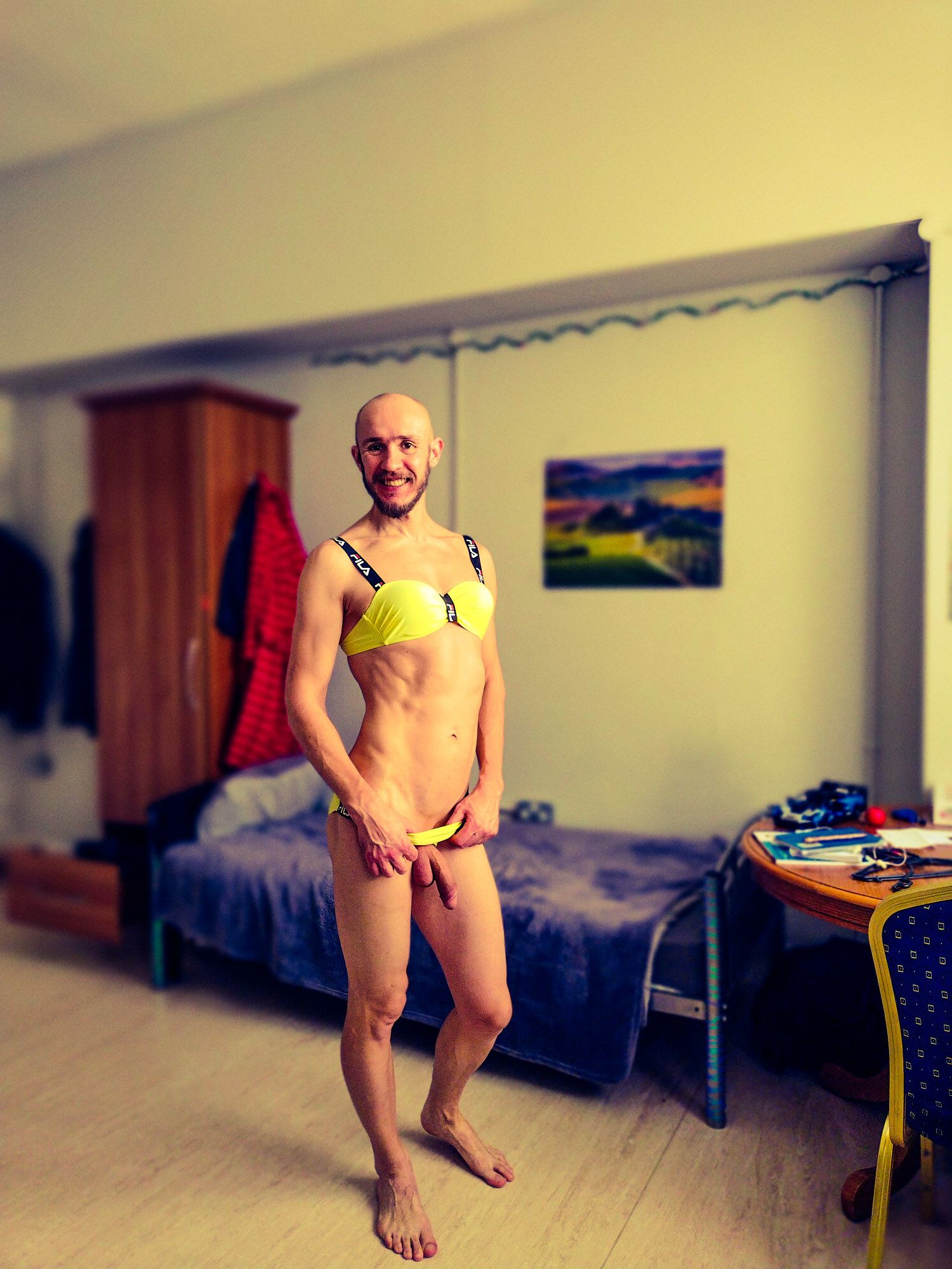 Bearded athletic man posing in yellow swimsuit  #23