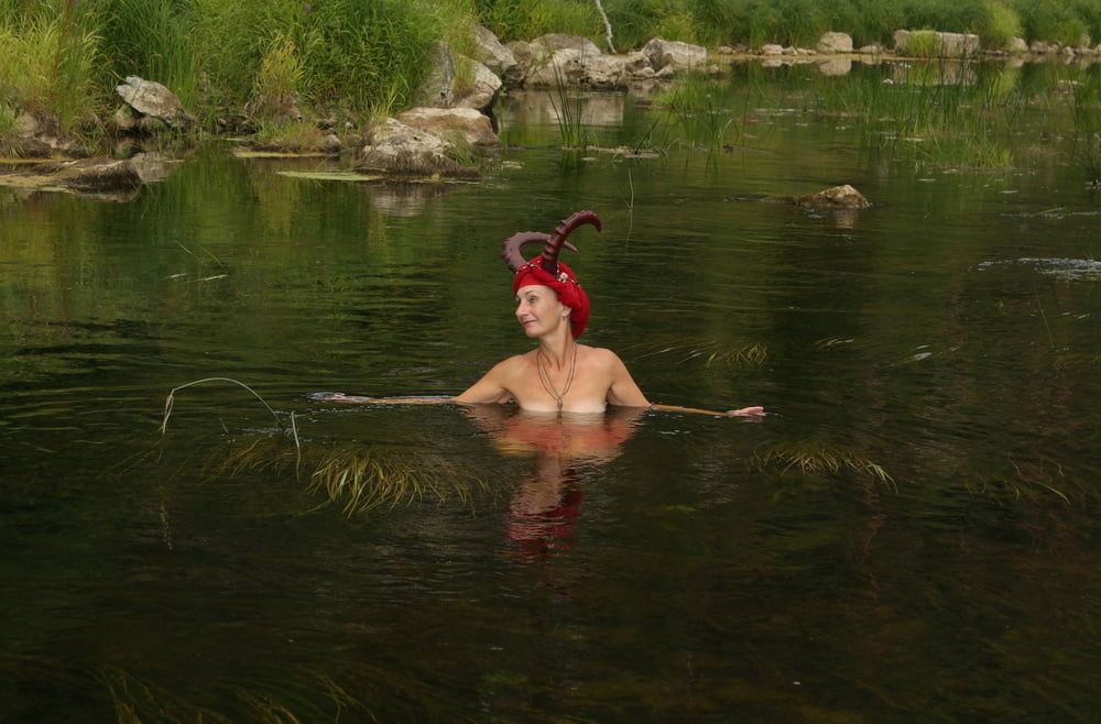 With Horns In Red Dress In Shallow River #29