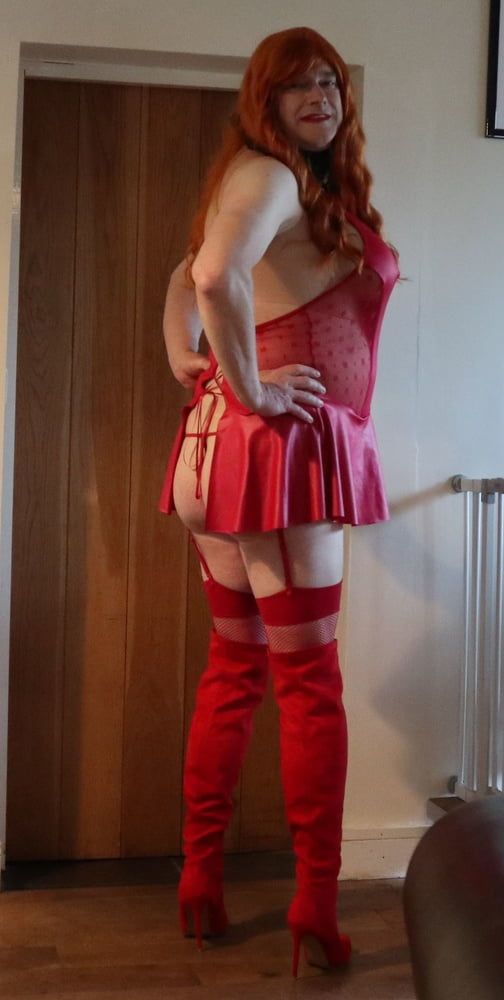 transgender in red lingerie and red thigh boots #7