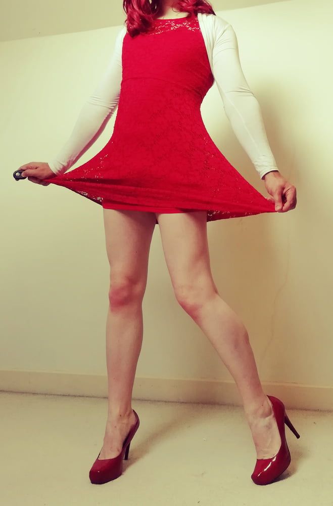 Marie crossdresser in red dress and opaque tights #9