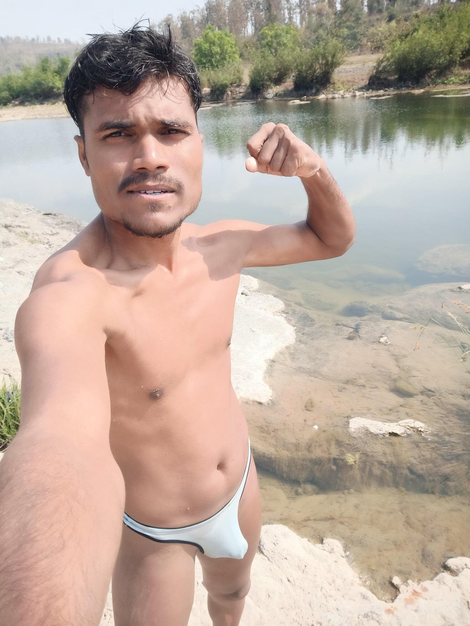 Hot muscular gym boy outdoor in river bathing enjoying swimm #54