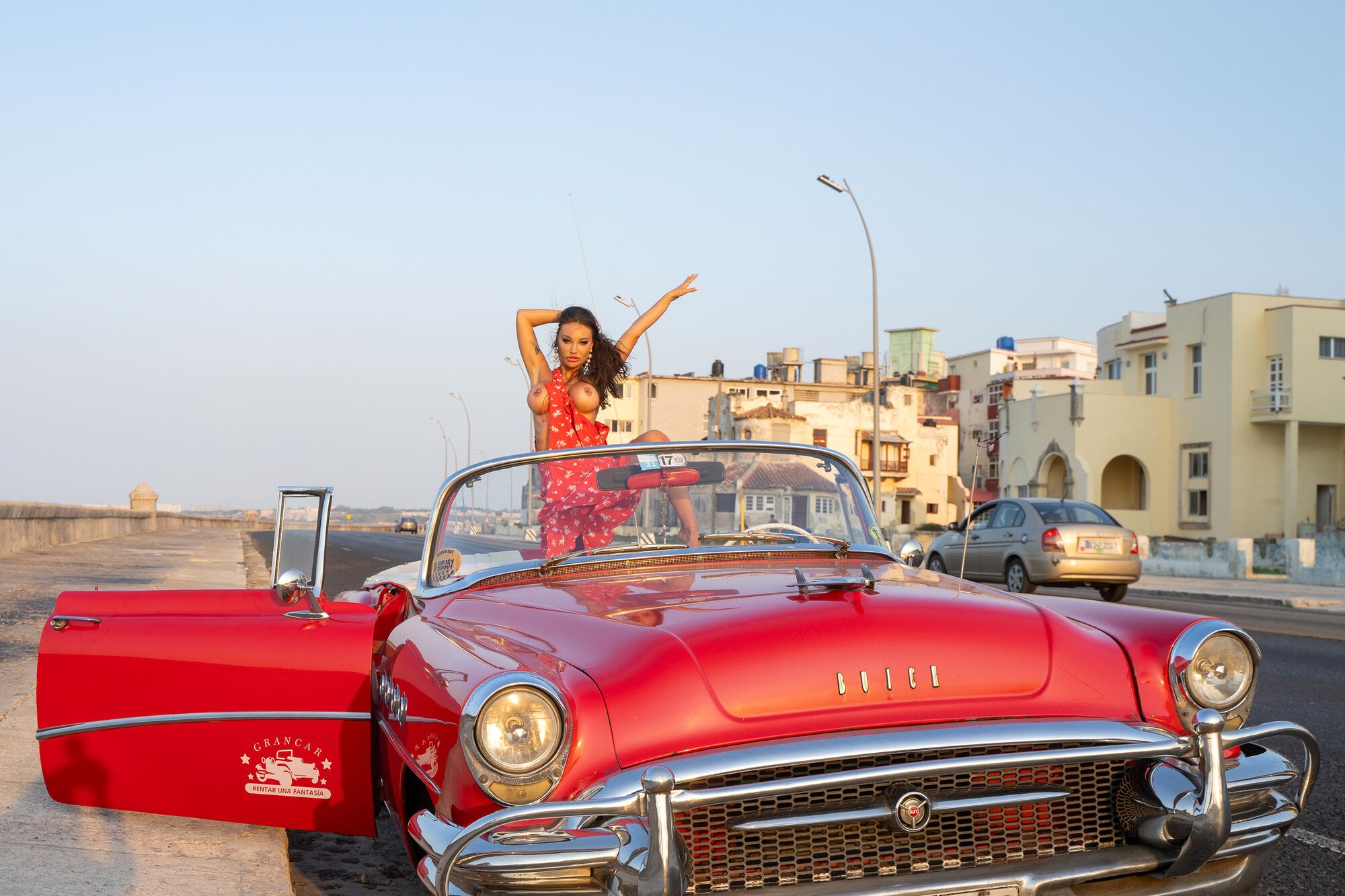 Monika Fox In Red Dress On Waterfront In Rare Car #2